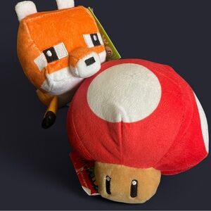 NEW Rare Minecraft Fox & Super Mario Mushroom 5" Plush Bundle - Mojang/Nintendo